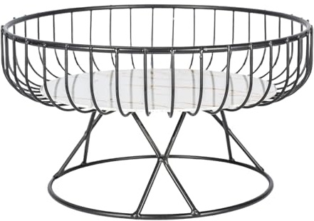SUNNYNEST Wire Fruit Basket with Wooden Divider for Kitchen Counter, Modern Countertop Fruit Bowl, Metal Fruit Holder for Fruits, Bread, Vegetables, Snacks, Decorative Storage Basket (Black)