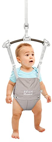 Infant Master Johnny Jumper - Jersey para puerta para bebé, resistente con correa ajustable, 27,9-60,9 cm, suave Johnny Bouncer con puff, regalo ideal para bebés, portátil y fácil de operar, gris
