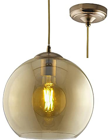 Britalia Antique Brass & Amber Glass Dome Shade Vintage Pendant Ceiling Light | 30cm Diameter | 1 x E27 ES Lamp Bulb Required (Not Included) | Retro Design