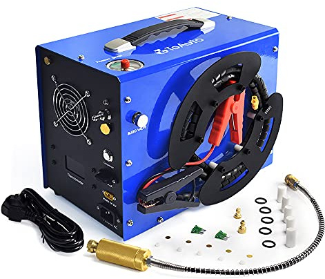 TOAUTO A3 PCP Air Compressor, Unique Vertical+Wire Spool Portable Design, Auto-Stop, Oil/Water-Free, 4500Psi/30Mpa, 8MM Quick-Connector for Paintball/PCP Air Rifle/Tank, 110V AC or 12V Car Battery