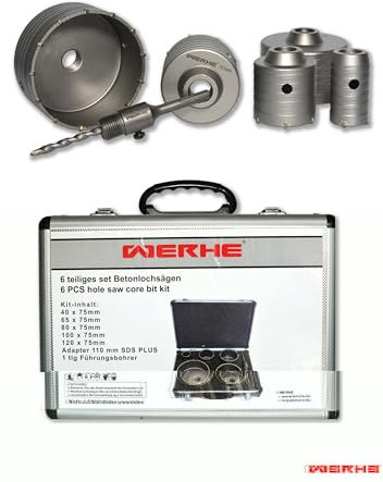 WERHE® Scies à béton 6 pièces en coffret. Perceuse Ø 40 65 80 100 120 mm, carotteuse à tige conique pour mur en pierre de ciment, foret de guidage, adaptateur de rallonge de foret 110 mm SDS Plus.