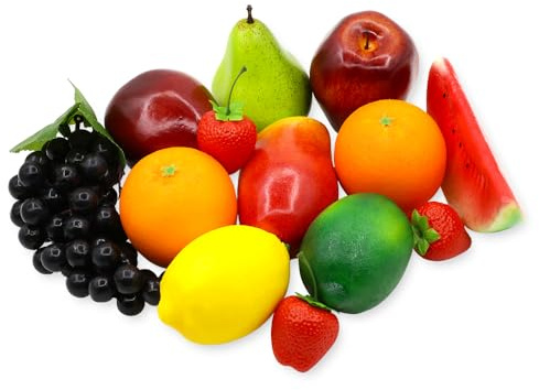 13-teiliges Künstliches Früchten, Lebensechte Realistische Gefälschte Früchten Heimdekoration, Faux Früchten Dekor für Esstisch, Fotografie-Requisiten Früchten Orangen, Limetten, Trauben, Birne
