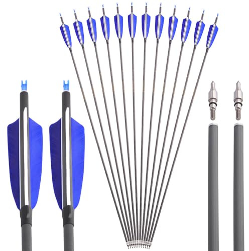 SHARROW 12X Carbonpfeile 35 Zoll Spine 400,Jagdpfeile mit 4 Zoll Naturfedern,für Recurvebogen & Compoundbogen Jagd Training