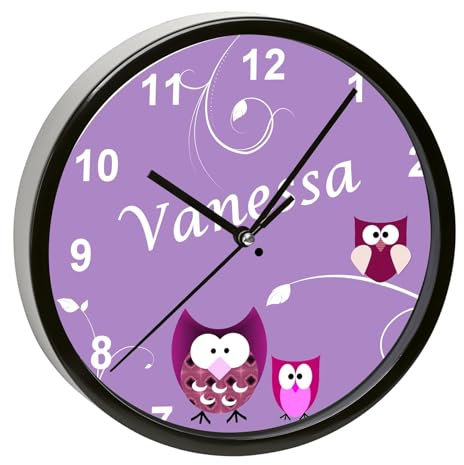 CreaDesign, Wanduhr Kinder personalisiert mit Name, Motiv Eule lila, Rahmen Wanduhr schwarz, Ø 19,5 cm