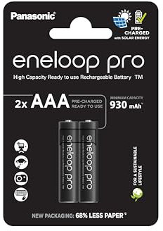 eneloop pro, AAA/Micro Ni-MH Akku, 2er-Pack, Kapazität mit min. 930 mAh, Ready-to-Use Ni-MH Akkus, bis zu 500 Mal wiederaufladbar, plastikfreier Verpackung, pro, schwarz