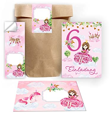 Junapack 12 Einladungskarten zum 6. Kindergeburtstag Einladung zum sechsten Geburtstag Mädchen Prinzessin mit Einhorn incl. 12 Umschläge, 12 Tüten/natur, 12 Aufkleber