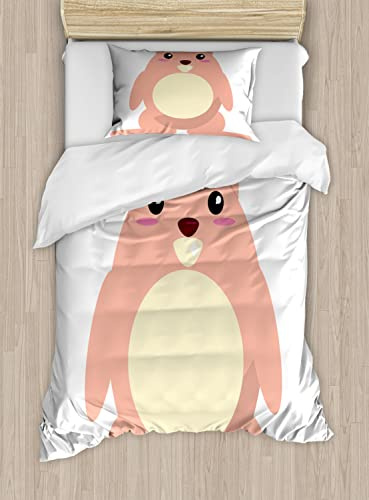 Ambesonne Anime Duvet Cover Sets, Beaver Cartoon in Kawaii Style Funny Character for, Bedding Set with 2 Duvet Covers & 2 Pillowcases, 2 Pack Twin Size, Pale Coral and Cream