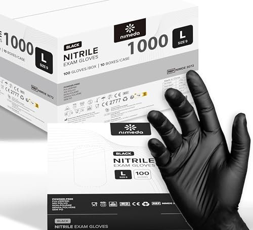 Kemes Guanti in nitrile, taglia L, 1000 pezzi, colore nero, usa e getta, senza lattice, senza polvere, nitrile