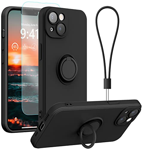 pcgaga Silicone Phone Case for iPhone 14 with Screen Protector [Ring Holder Stand] [Wrist Strap] [Microfiber Lining] Slim Shockproof Protective Cover, 6.1 Inch, Black