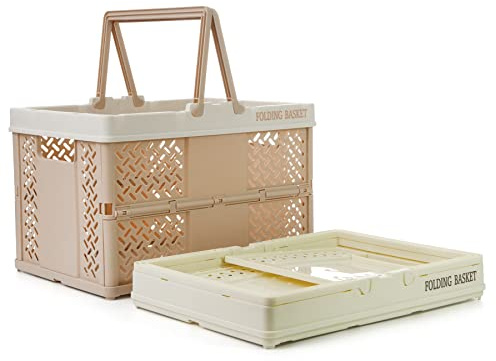 Spesh 2 stycken hopfällbara lådor med handtag förvaringslåda vikbar plast förvaringskorg små hopfällbara lådor för kök, badrum, sovrum, barnrum (beige ljusrosa, 30 x 22 cm)