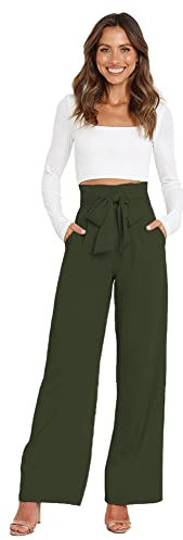 Odizli Paperbag Hosen Damen Elegant High Waist Culottes Palazzo Hosenrock Lang Weite Hose Sommer Business Festlich Stoffhose Marlenehose Anzughose Schlupfhose Freizeithose mit Gürtel Armegrün L
