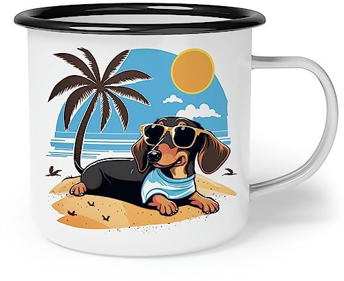 OM3® süße Emaille-Tasse mit Dackel am Strand Hundemotiv Hund Dog - Retro Emailletasse Emaille Becher - 12oz 300ml - Beidseitig Bedruckt - Weiß-Schwarz