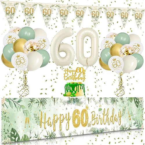 60 Geburtstag Deko, VICTERR Grün Gold Deko 60. Geburtstag Frau und Mann Deko Set, Lange Größe Happy 60th Birthday Banner Hintergrund 274×37cm, Girlande Wimpel Konfetti Luftballons