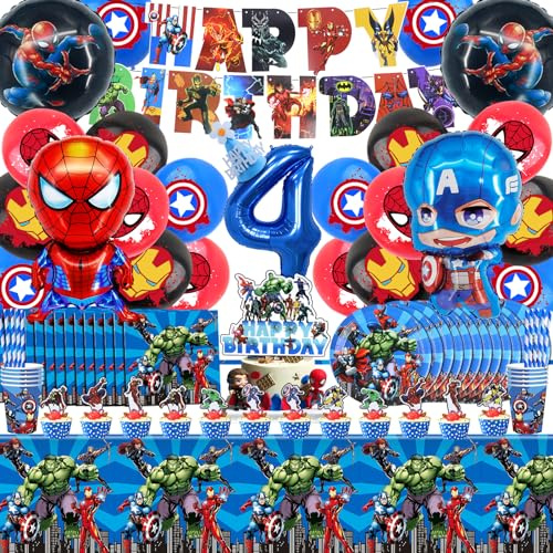 Super-héros Kit Fête Decoration Anniversaire,101 Pièces Anniversaire Vaisselle, 4 Ans Ballon Aluminium d'anniversaire Deco, Nappe Bannière Décoration Serviette Tasse Assiette Kit
