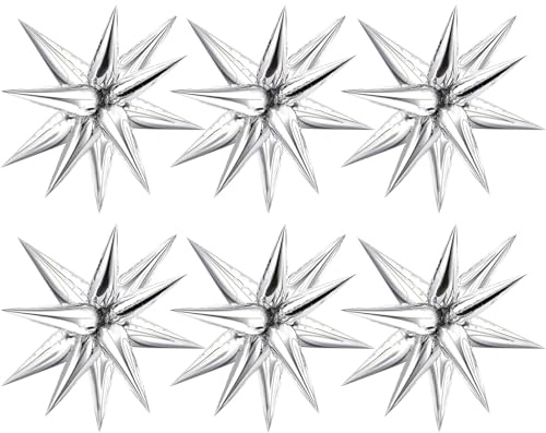 VIKY® 6 Stück Explosionsstern Luftballons Silber,22 Zoll 4D Folienballons,Hochzeitsdeko Heliumballon,Stern Party Deko Ballons für 70 80 90er Jahre Deko Disco Tanz Feve Theme,Geburtstag Party Karneval