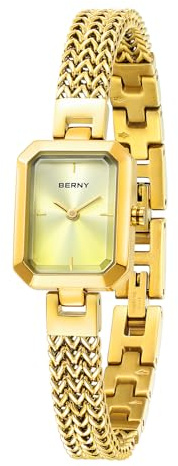 BERNY Guldklocka För Kvinnor Delikat Quartz Armbandsur Dam Rektangel Mini Armbandsur Liten Mode 3ATM Vattentät Allt Rostfritt Stål Avtagbar Klocka Band