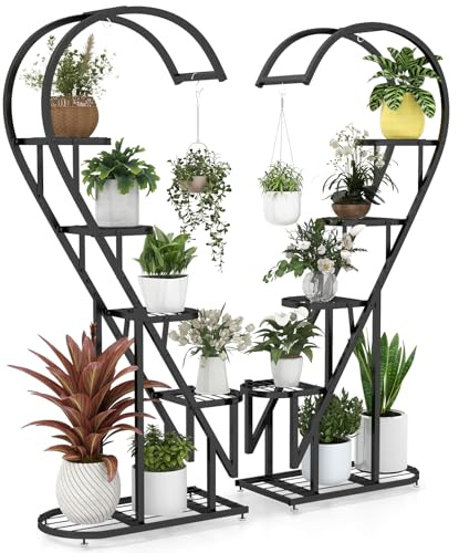 COSTWAY Porte-Plantes Métal à 5 Niveaux (Noir) | Étagère à Fleurs avec Crochet, Porte Plantes en Forme d'Échelle et de Demi-cœur, pour Salon, Balcon, 71 x 30,5 x 148 CM