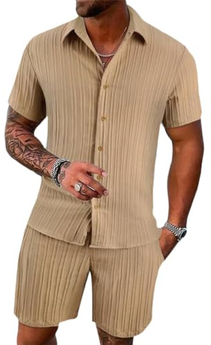 seiveini Zweiteiler Herren Kurzarm Jogginganzug Männer Sportanzug Hemd Shorts Sommer 2-Teiliges Freizeitanzüge Sommeranzug A Khaki M