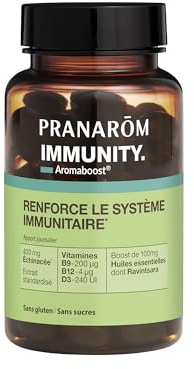 Pranarôm Aromaboost Immunity Complément Alimentaire 60 Capsules | Échinacée, vitamines B9 B12 D3 et ravintsara pour soutenir le système immunitaire. Sans gluten. Sans lactose. Dès 18 ans.