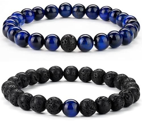 Chriscoco 8 mm Armband für Herren und Damen, Perlen-Armband, Paar, Armband, Naturstein, Tigerauge, Lavastein, Schmuck für Herren, 7.3 to 10.4 inches, Stein Metall, Ohne Schmucksteine
