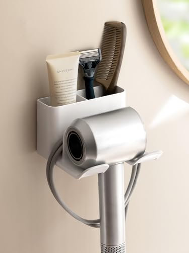 STORICANS Hair Dryer Holder Wall Mounted, Hairdryer and Straightener Holder StationRack with Storage Box, Bathroom Hairdryer Stand Self Adhesive Hair Tools Organiser with Plug Hook (White)