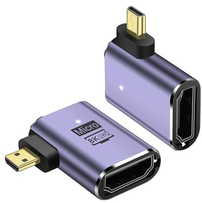 PNGKNYOCN 8K Micro HDMI a HDMI Adaptador, 2-Pack 90 Grados ángulo Recto Micro HDMI Macho a HDMI 2.1 Hembra bidireccional convertidor de Apoyo 8K @ 60Hz HDTV (Right Bend)