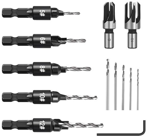 Asheyya 5PCS Countersink Drill Bit Set, Plug Cutters for Wood Set with 1/4 Inch Hex Shank, 2PCS Wood Plug Cutter and L-Wrench