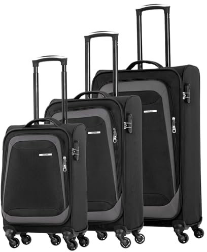 NOWI Korfu Kofferset 3-teilig – Weichschalen Trolley Set (30L, 50L, 76L) mit 4 Rollen & Zahlenschloss | Leichte Reisekoffer in verschiedenen Größen (schwarz, Set)
