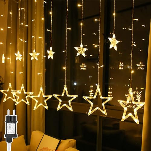 A.bigwhale Tenda Luminosa, Tenda Luminosa Natale Stelle 3 M 138 LED, Luci Esterno Interno, Tenda di Luci con 12 Stelle 8 modalità per la decorazione di nozze di Natale partito finestra