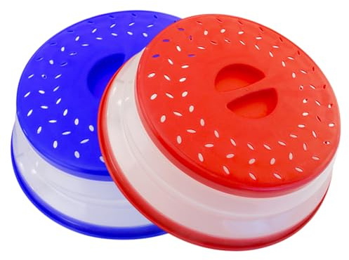 Hwtcjx 2 Pcs Microwave Cover, Plate Covers, Microwave Food Covers, Made of Plastic PP + TPR Material, Foldable, High Temperature Resistant, for Oil and Splash Proof, Drain, Fruit Tray (Red, Blue)