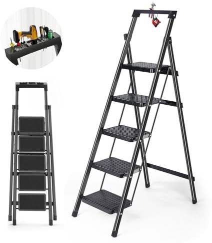 Step Ladder with Anti-Slip Pedal - Folding Step Stool with Tool Platform 500 LBS Portable Steel Ladder for Adults for Home Kitchen Library Office (C5-Black)