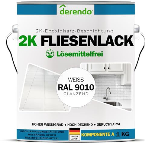 derendo 2K Fliesenlack weiß glänzend (RAL 9010) Epoxidharz mit Härter weiße Fliesenfarbe Badezimmer Fliesenlack 2K Lack Badewanne reinweiss für Innen & aussen (1, Kilogramm)
