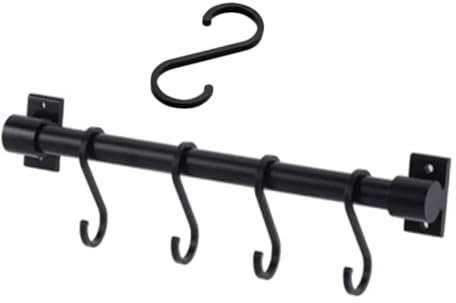 Cabilock Soporte de Pared para Utensilios de Cocina 30 Cm 5 Ganchos en S Desmontables, Acero Negro Resistente, Barra Multifuncional para Colgar Ollas, Toallas y Accesorios de Cocina,