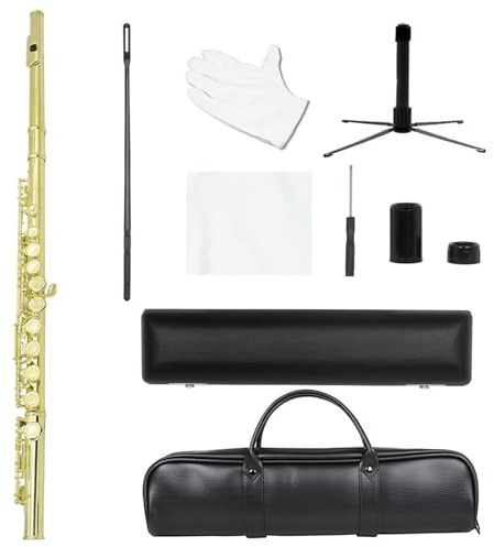 Querflöte Anfänger Flöte 16 Geschlossene Offene Löcher C-Taste Professionelles Querflöten-Konzertmusikinstrument Mit Ständerzubehör(Gold)