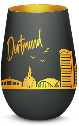 Gravur-Max Windlicht mit 360° Gravur Skyline Dortmund Deko Glaslicht als tolles Geschenk mit Einer hochwertigen Lasergravur zu jedem Anlass in der Farbe Schwarz/Gold