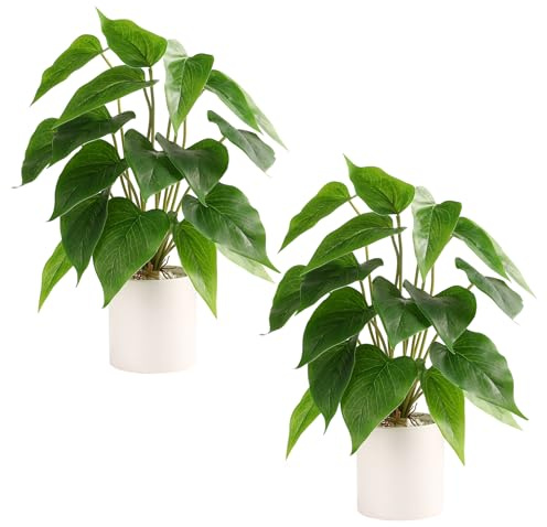 Floweroyal 2pcs Fake Plant in Ceramic Pot Faux Potted Plants for Indoors Green Leaf Plant with White Planter for Desk Office Shelf Bathroom Bedroom Decor（Pothos）