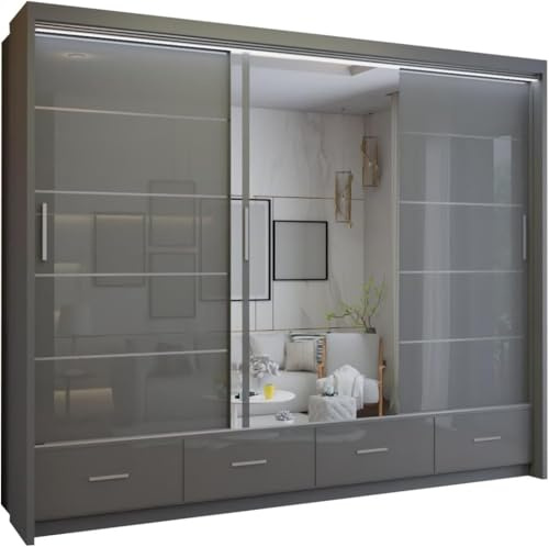 SLIDING WARDROBE 4U Fort High Gloss Free Standing Sliding Mirorr Door Wardrobe (Grey, 255cm)