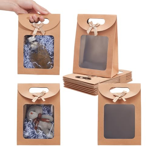 NBEADS 24 Stück Kraftpapiertüten Mit Fenster, 20x7x14cm Stand Up Kraftpapiertüten Mit Griffen Papiertüten mit Fenster für Süßigkeiten und Geschenke, Bräune
