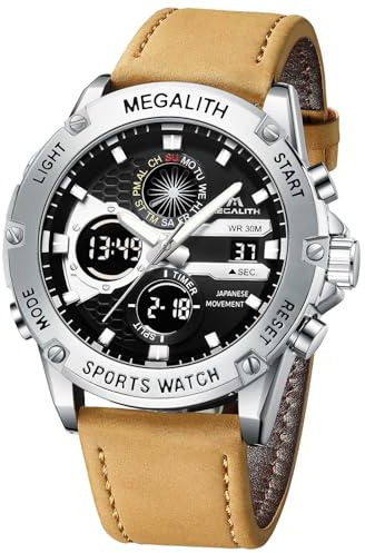 MEGALITH Orologio Uomo Digitale con Cronometro: Orologi Sportivo Pelle Grande - Orologio da Uomo Impermeabile Marrone con Allarme