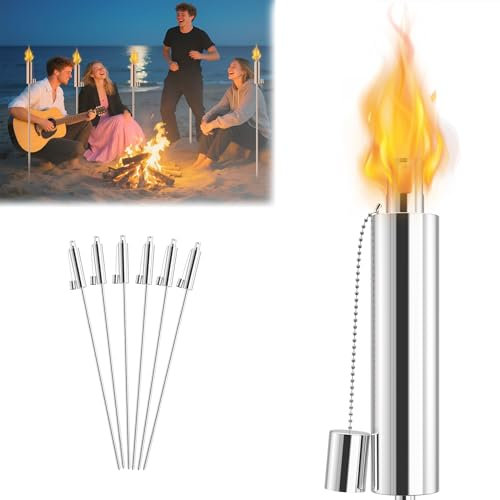 UISEBRT Lot de 6 torches de jardin en acier inoxydable pour l'extérieur - 330 ml - Mèche en fibre de verre - Rechargeable à huile - 115 cm de haut