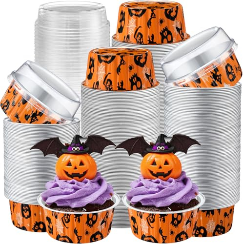 Gandeer 200 Pack Halloween Cupcake Baking Cups with Lids, Aluminum Foil 5 oz Round Cupcake Liners, Disposable Cake Pans, Mini Dessert Containers Flan Mold for Halloween Spooky Party