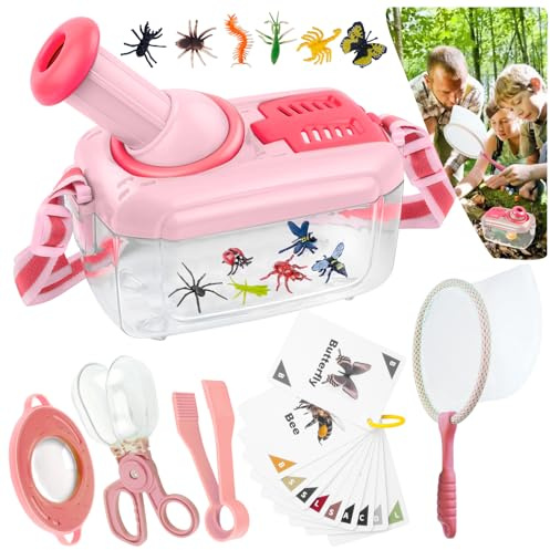 nuyikaso Bug Catcher for Kids 6 Pcs Bug Hunting Kits for Children with 12 Fake Insects 360° Rotating Viewing Angle Magnifying Glass Outdoor Explorer Educational Toys Gifts for 3-8 Years Old Pink