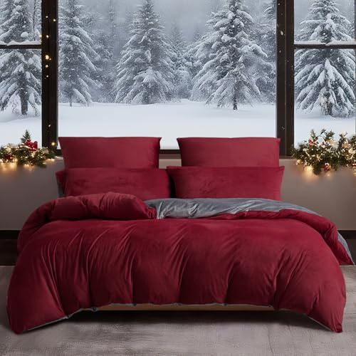 YASMENG Winter Bettwäsche 135x200 Weinrot Rot Grau Warm Kuschelig Flauschige Bettwäsche Winter Weich Samt Plüsch Fleece Flanell Wendebettwäsche 2 Teilig mit Reißverschluss und 80x80 cm Kissenbezug