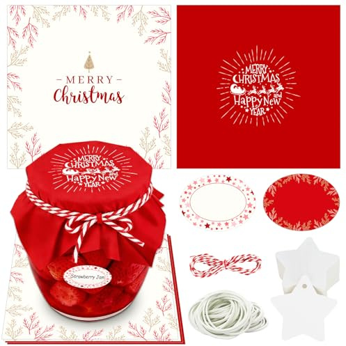 30 Stoffhauben für Einmachgläser, Marmeladendeckchen Weihnachten Sets, Marmeladen-Deckchen, Inklusive Marmeladendeckchen, Marmeladen Etiketten Selbstklebend, Deko-Anhängern, Jute Garn (red)