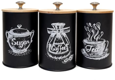 Yumzxin 3 Pcs Vintage Metal Canister Set with Bamboo Lid - 750ml Airtight Storage Jars for Coffee, Tea, Sugar & Kitchen Countertop Organization