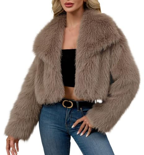 Women's Short Faux Fur Jacket Winter Fluffy Long Sleeve Lapel Open Front Coats Warm Thick Plain Cardigan Jackets Elegant Vintage Short Outwear Going Out Party Club