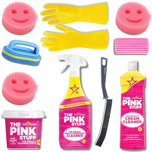 The Pink Stuff Multi-Purpose Cleaner, Cream Cleaner, Cleaning Paste, Damp Duster, Narrow Gap Brush, Scrubber with Handle, Gloves and 3 Smiley Face Sponges Elite Cleaning Bundle by Kevagh.