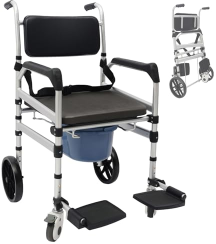 Klappbar Toilettenstuhl für Senioren, Faltbar Stabil Duschstuhl mit Universalrollen mit Bremsen, 3 Stufen Höhenverstellbar, 150 Kg Multifunktionaler Toilettenstuhl Fahrbar (O-förmige Platte)