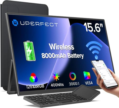 UPERFECT Drahtloser Portable Monitor mit 8000-mAh Akku/Bluetooth Faltbare Tastatur/Sleeve, 15.6 125% sRGB 1080P Wireless Tragbarer Screen für Laptop/PC/Phone, Support AirPlay/Miracast