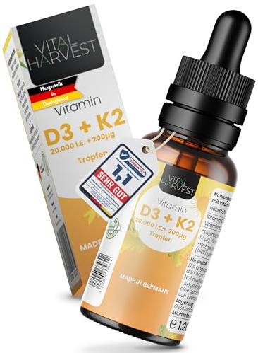 Vital Harvest® Premium Vitamin D3 K2 mit 5.000 IE pro Tropfen 30ml | Depot D3 & K2 MK-7 | Veganes Vitamin D3 + Vitamin K2 MK7, laborgeprüft in Deutschland hergestellt - ohne Zusatzstoffe (30 ml)